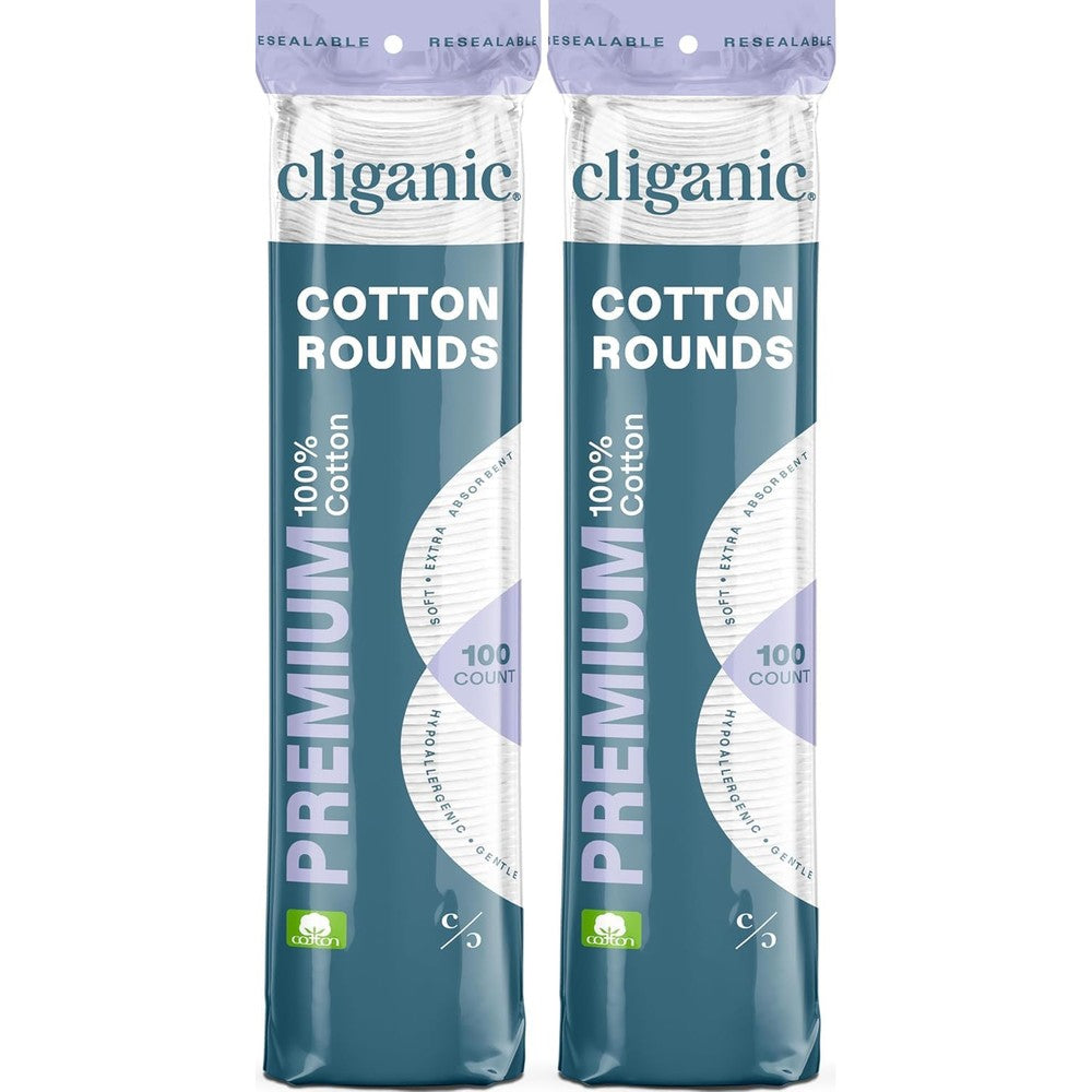 Cliganic 100% pure cotton rounds in resealable packaging for face and beauty care