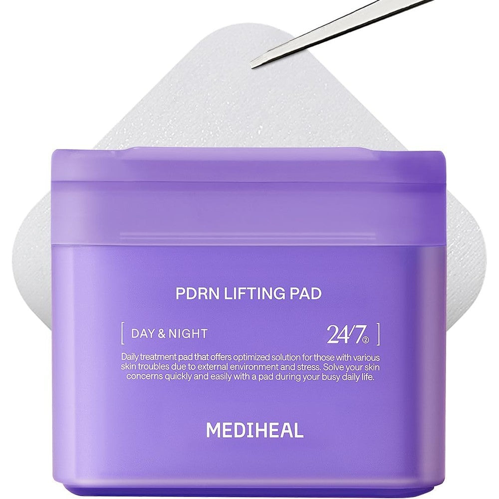 Mediheal PDRN Lifting Toner Pads front view of purple jar packaging for firming skin