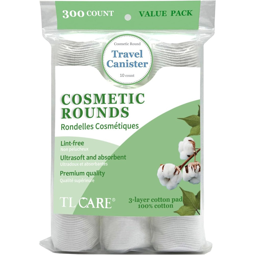 TL Care Cotton Rounds 300 Count front packaging view featuring lint free cosmetic pads.