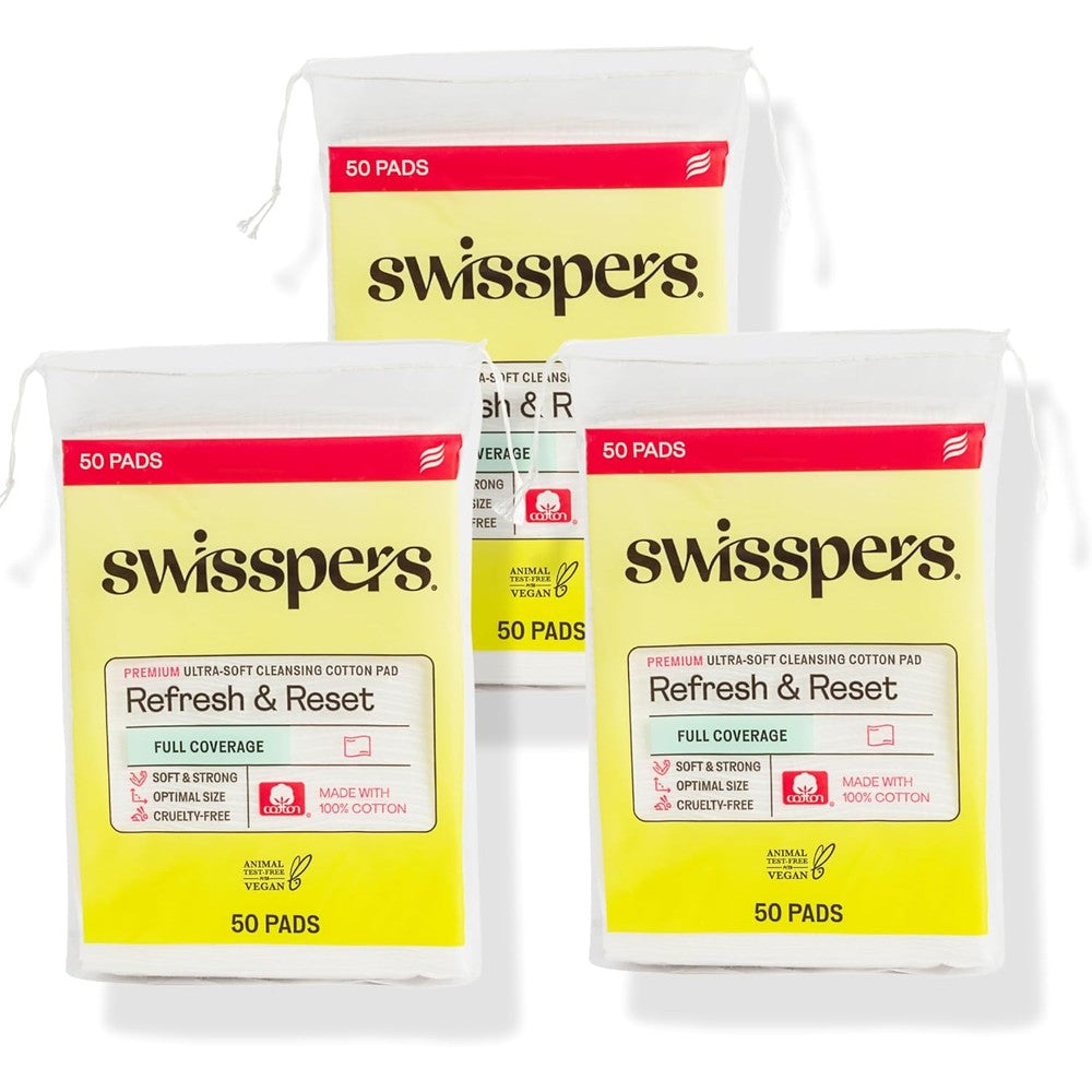 Swisspers Refresh and Reset Facial Cleansing Cotton Pads front view package showcasing 100 percent natural fiber label.
