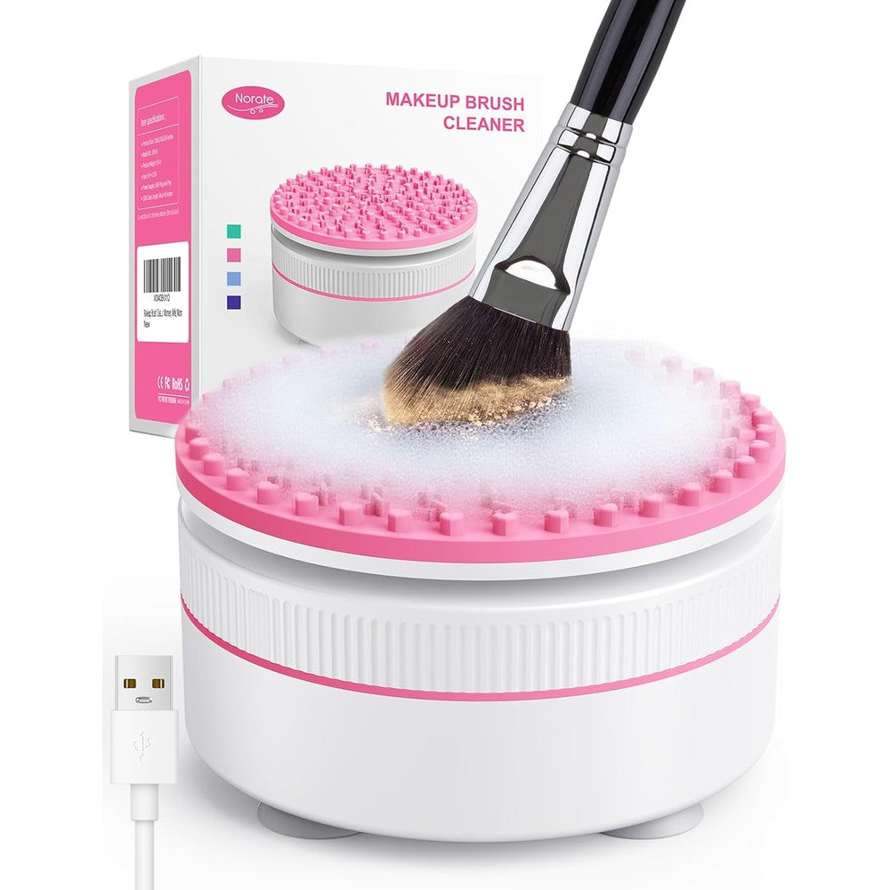 Norate electric makeup brush cleaner front view showing the textured silicone bowl and sleek white design