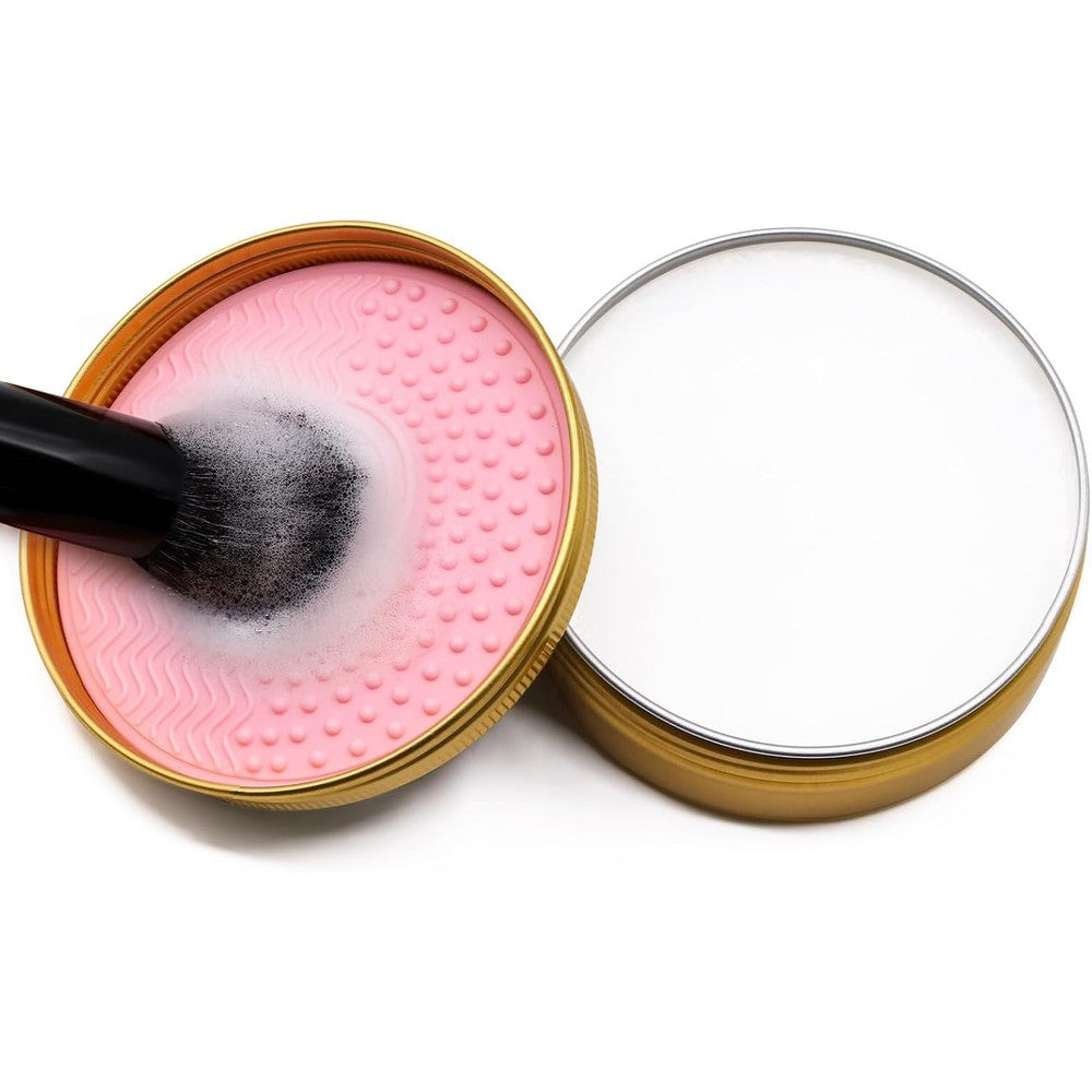 Nydotd makeup brush cleaner solid soap tin front view with silicone cleaning pad