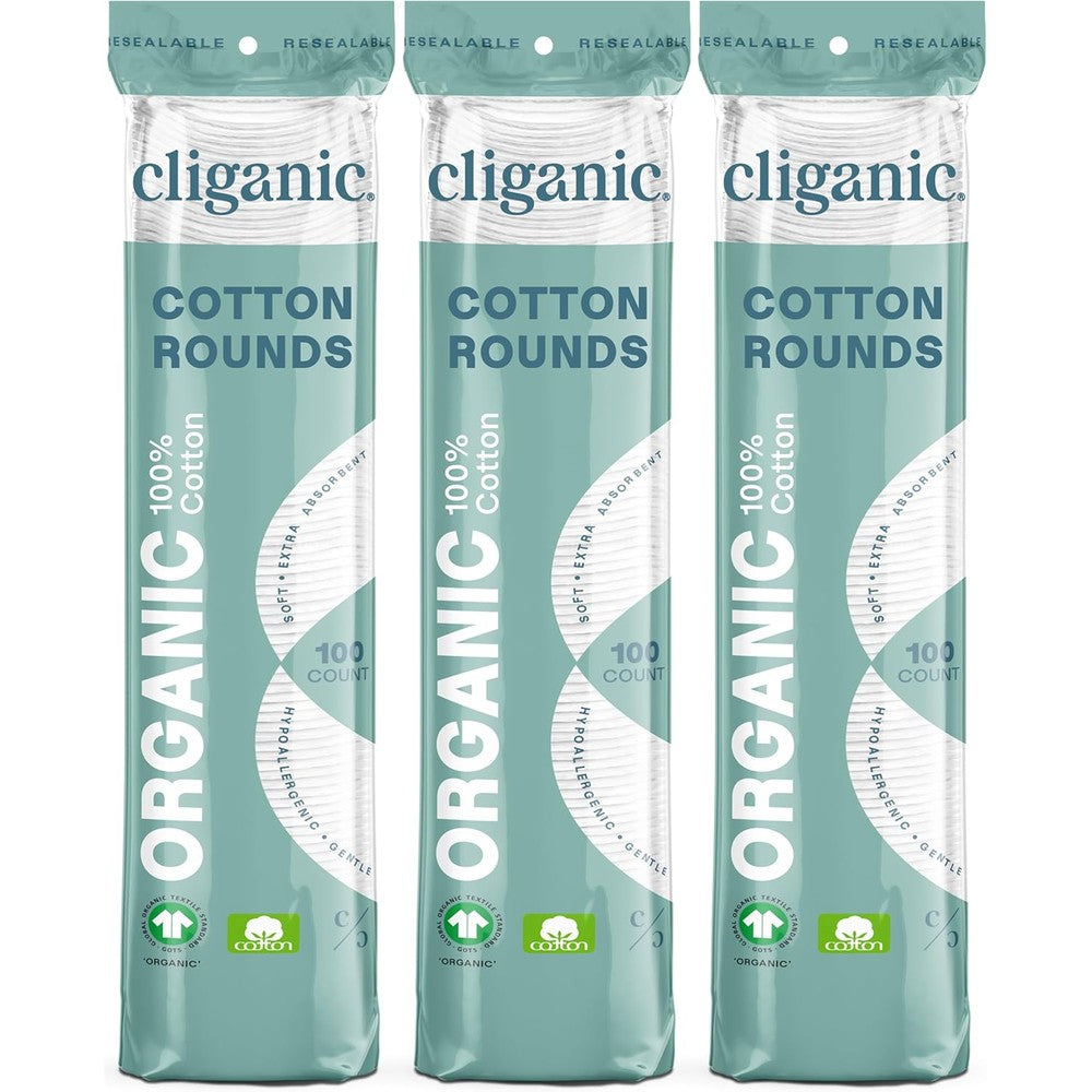 Cliganic Organic Cotton Rounds 300 count pack for natural makeup removal and skin care