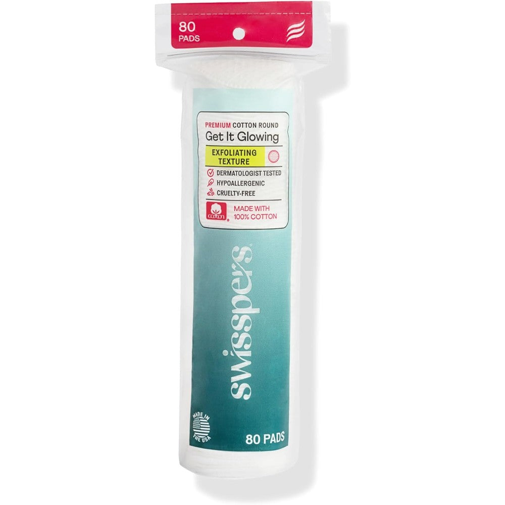 Swisspers Premium Exfoliating Cotton Rounds 80 count pack front view