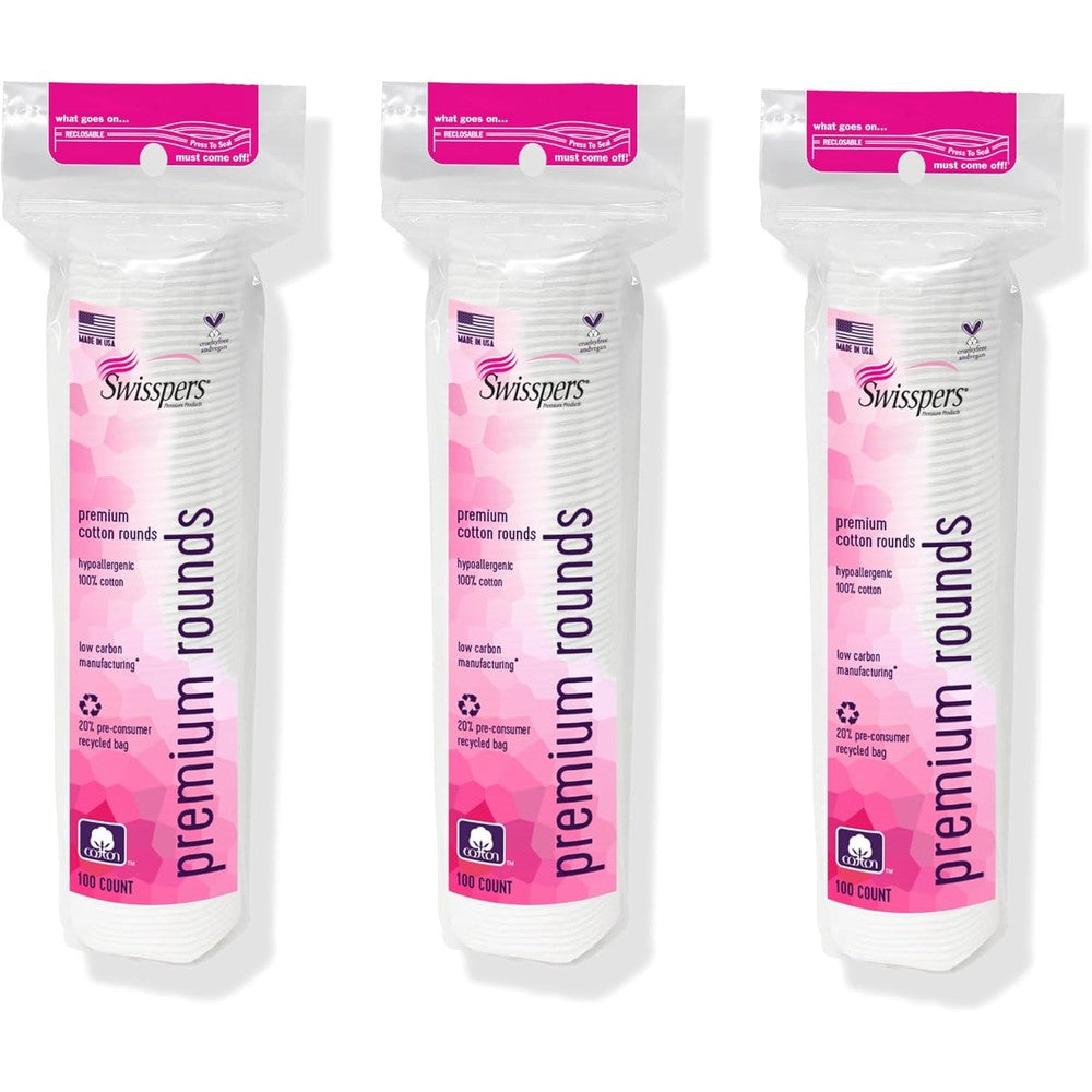 Swisspers Premium Cotton Rounds three pack packaging front view showing product branding