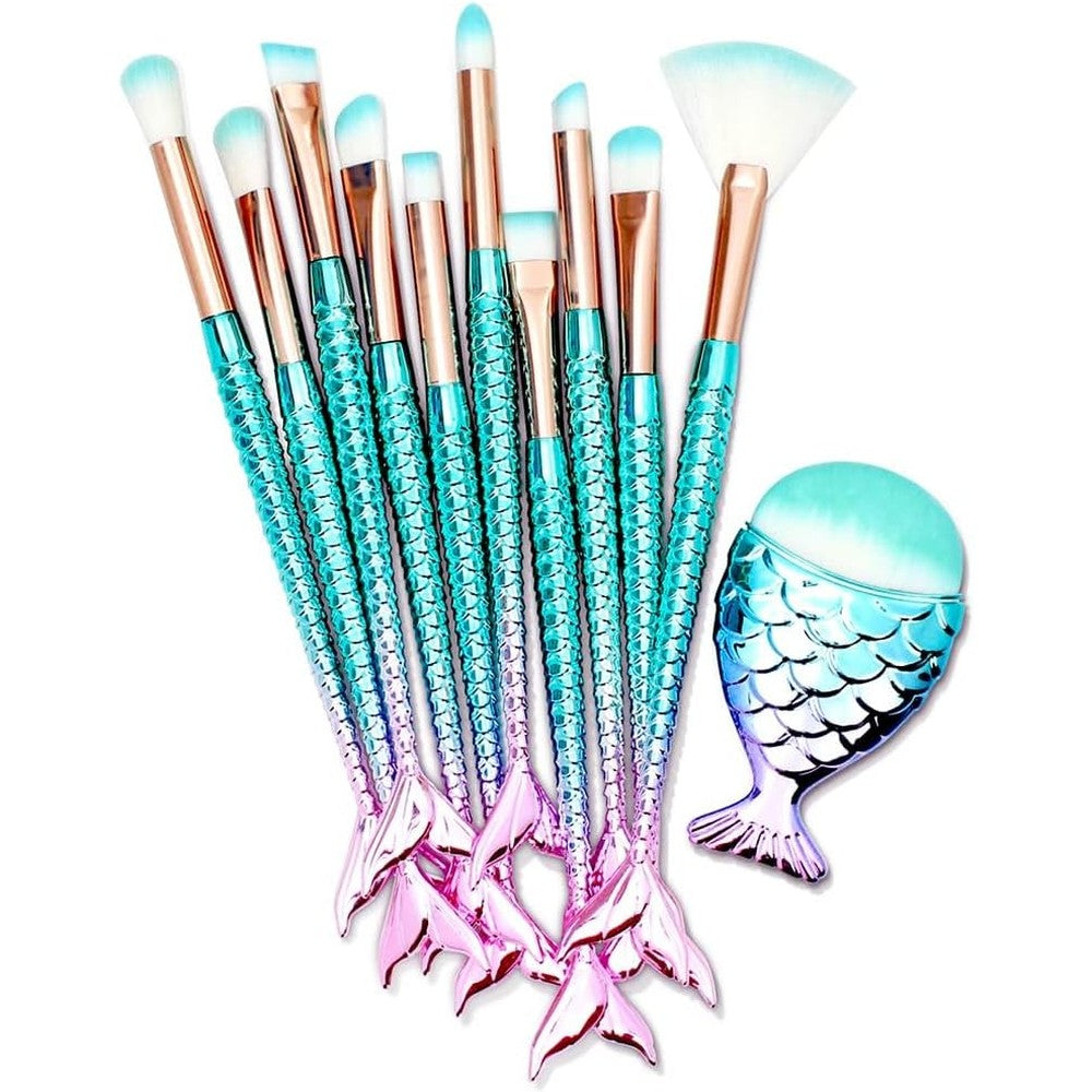 HOFASON 11 Pieces Makeup Brushes Set front view showcasing colorful mermaid fishtail handles