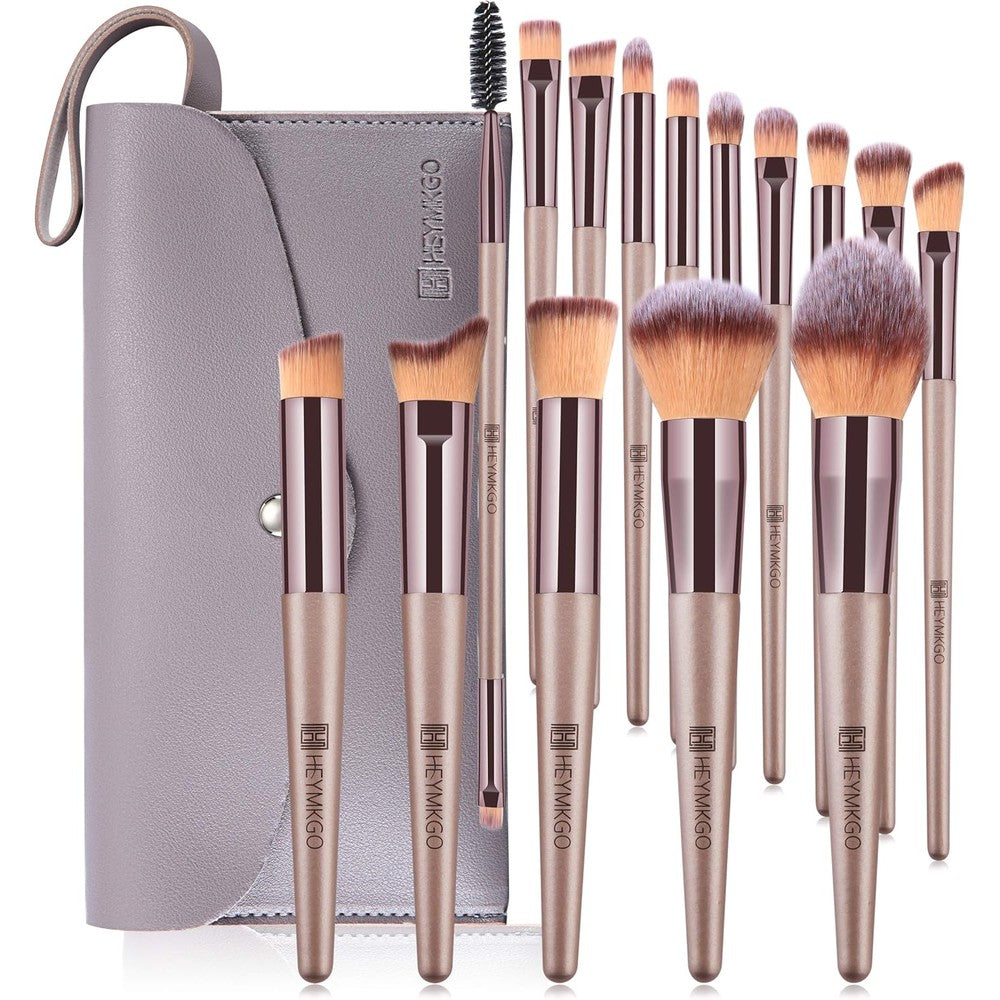 HEYMKGO professional makeup brush set fifteen pieces front view showcasing champagne gold handles