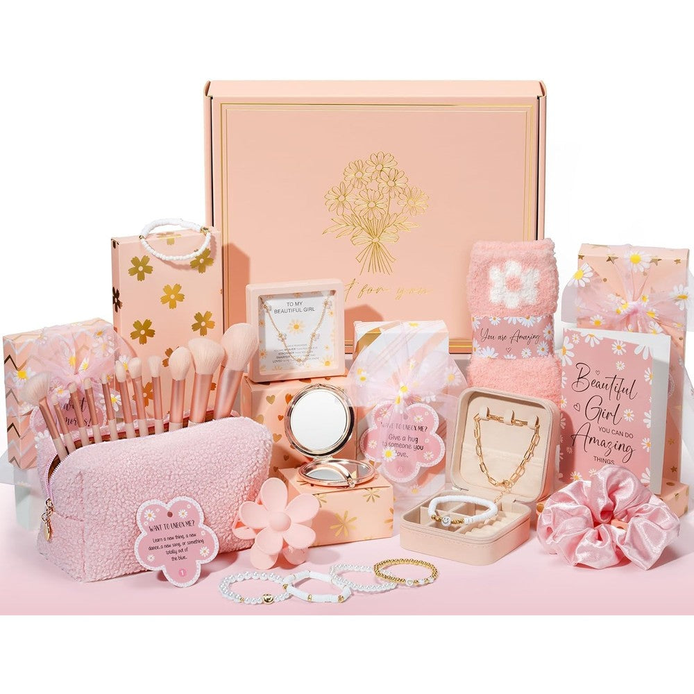 Qinline tween girl gift basket front view showing packaged pink boxes