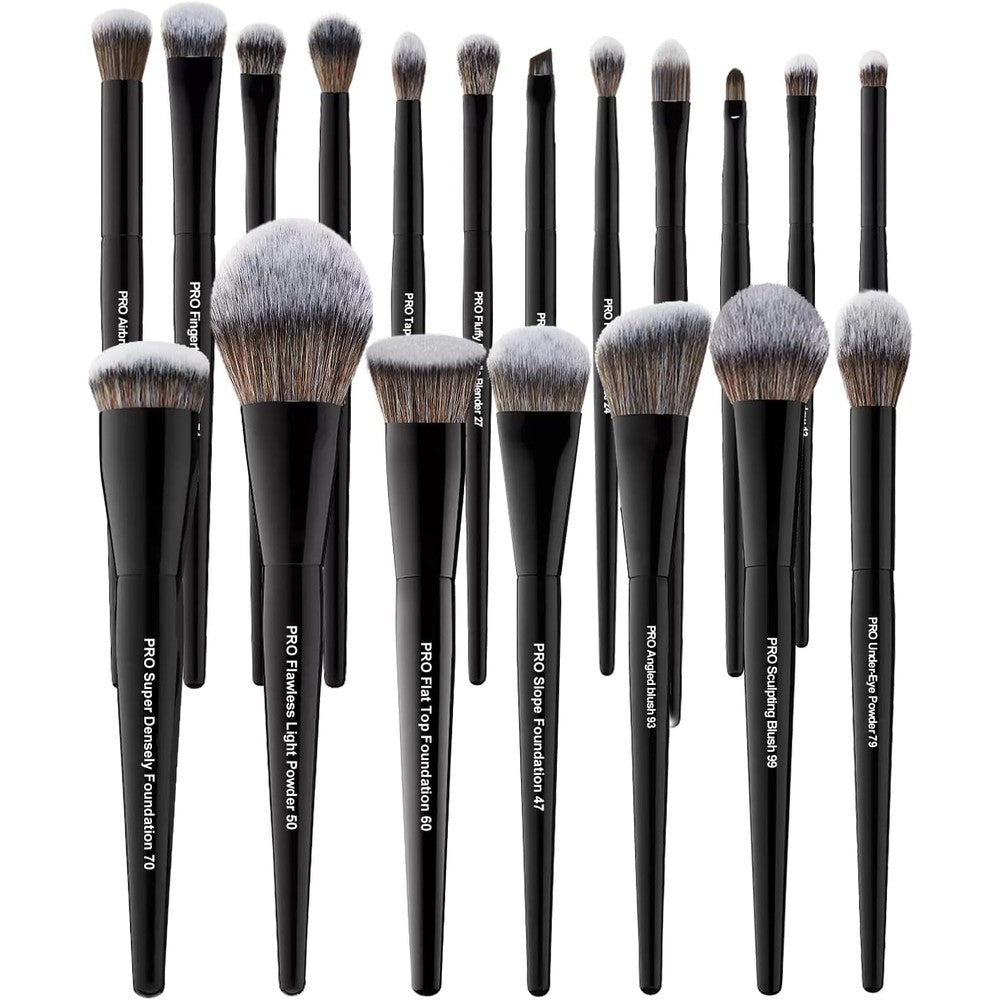 Bueart Design 19 piece professional makeup brush set front view showing black labeled handles