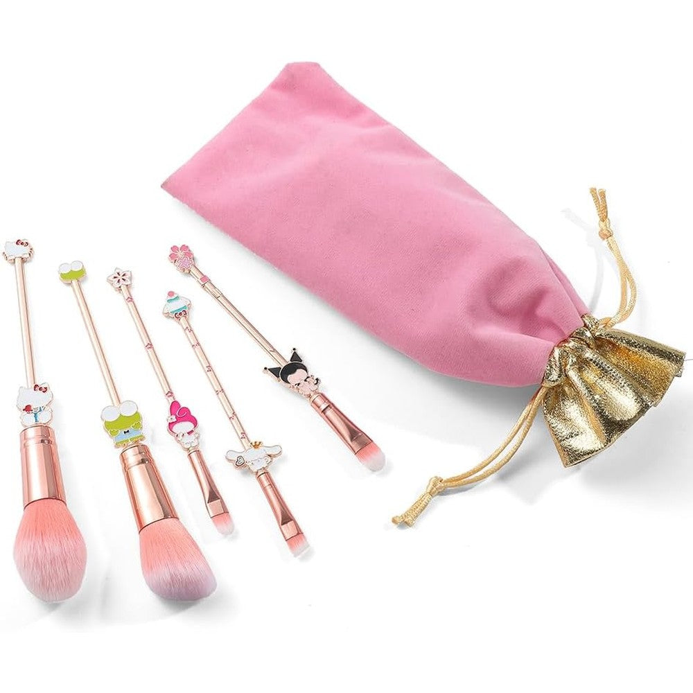 Rongji Jewelry Marie Cartoon Cat Anime Makeup Brushes 5 piece set front view showing pink synthetic bristles and gold metal handles.