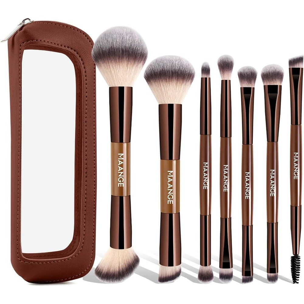 MAANGE 7 piece foundation makeup brush set front view showing apricot handles