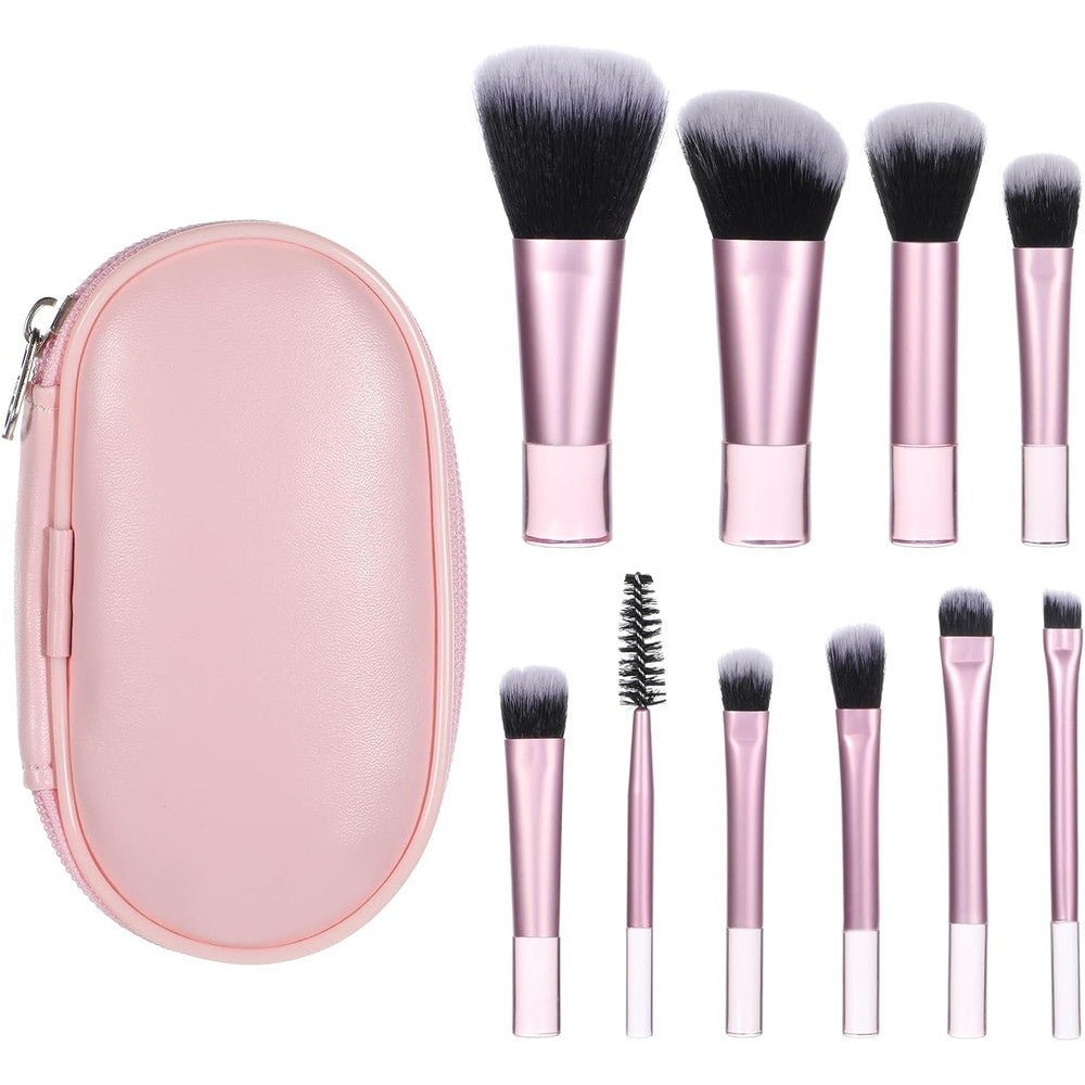 EupHHonycs mini travel makeup brush set front view showing ten pink brushes neatly arranged inside the matching pink storage case