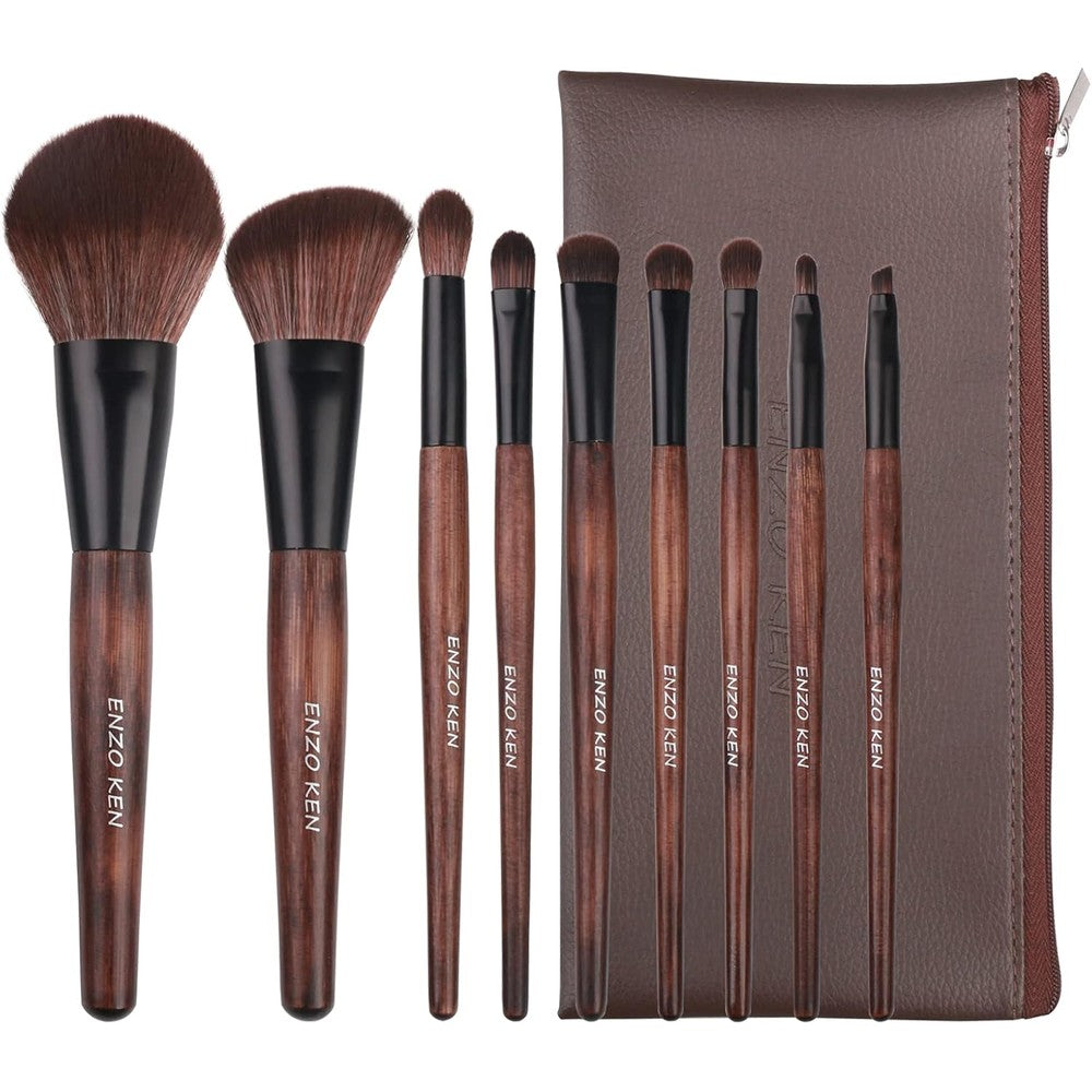 ENZO KEN bamboo makeup brushes professional set front view showcasing the nine pieces laid out elegantly
