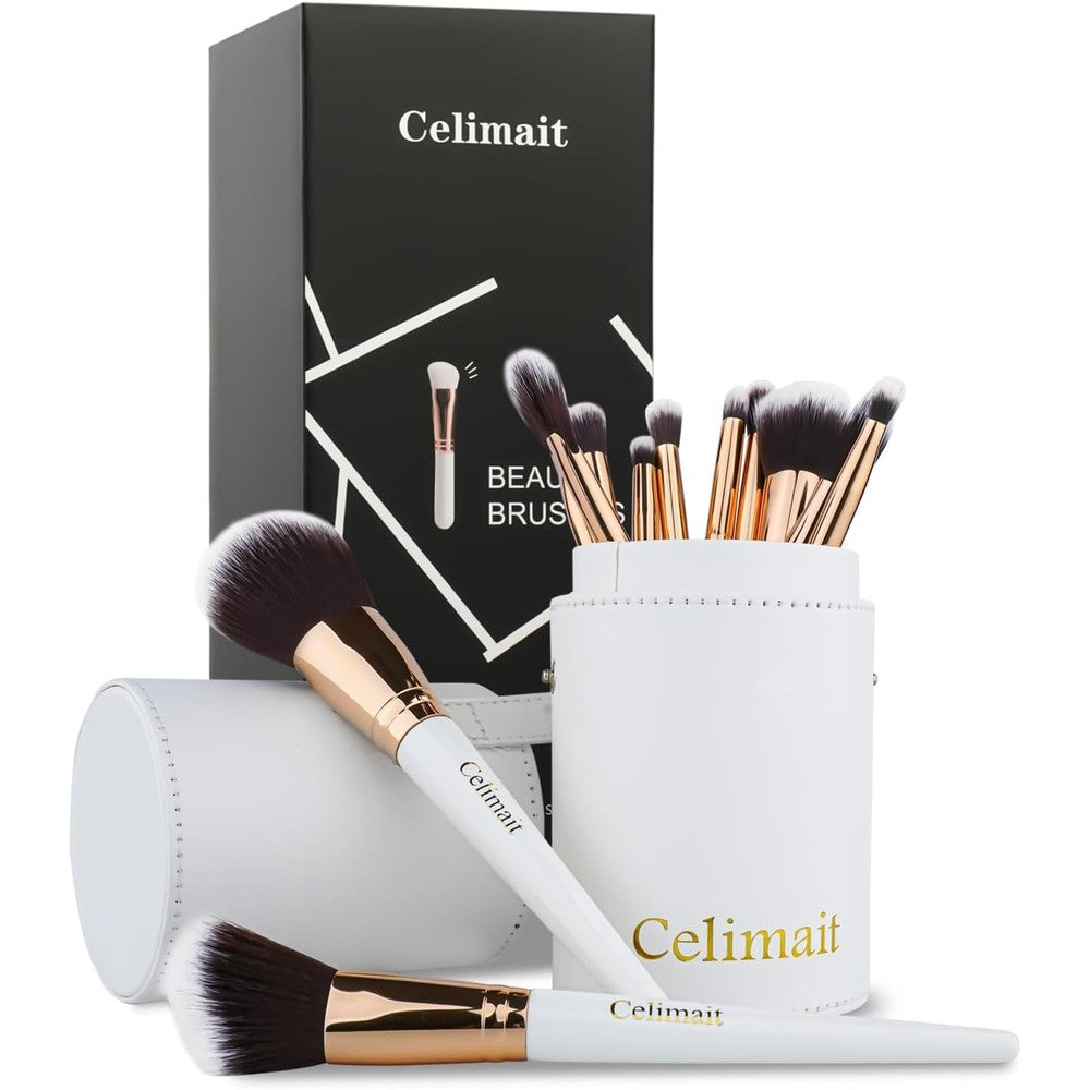 Celimait 12 Piece Professional Makeup Brushes Set front view showing white handles and rose gold ferrules.