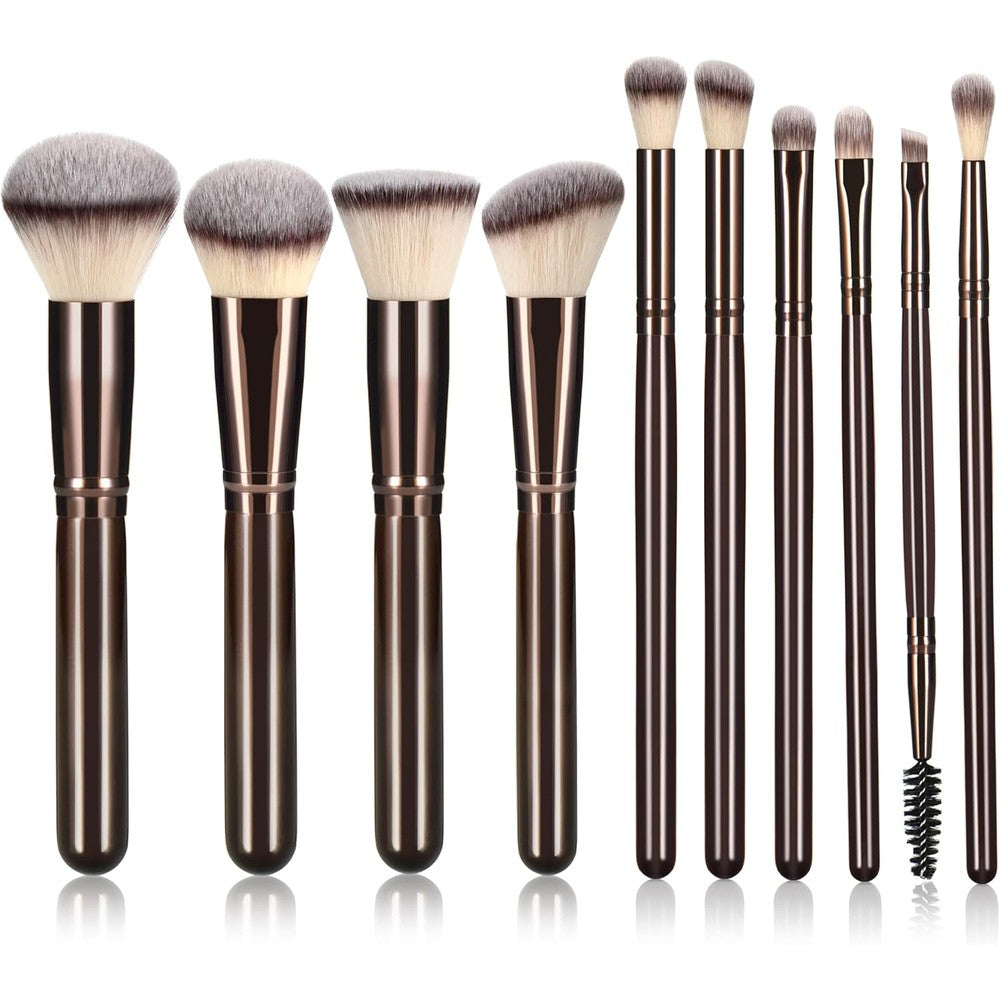 YJ-Anyue 10 piece makeup brush set front view showing coffee wooden handles.