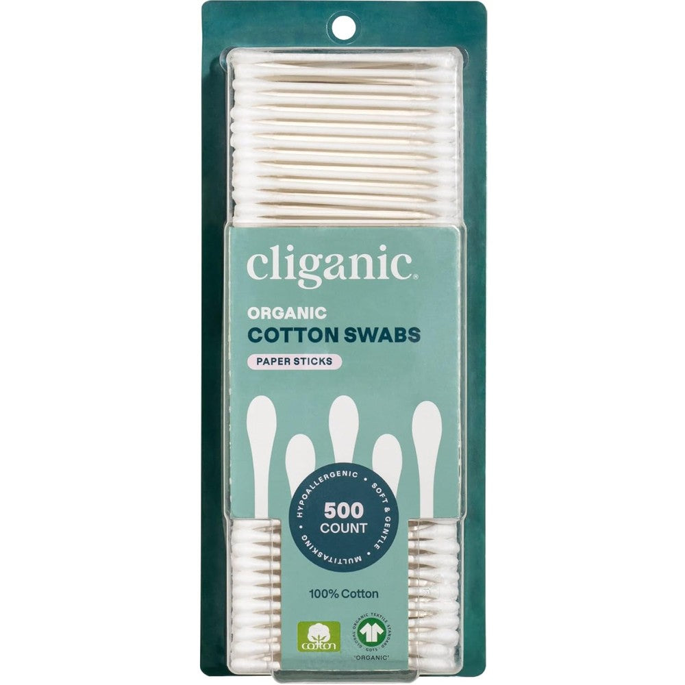 Cliganic organic cotton swabs 500 count bulk pack with biodegradable paper sticks