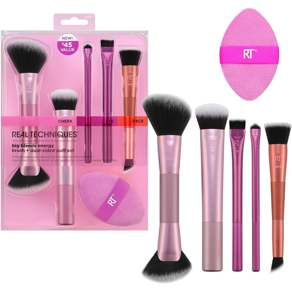 Real Techniques Big Blends Energy makeup set showcasing five brushes and one dual sided puff front view