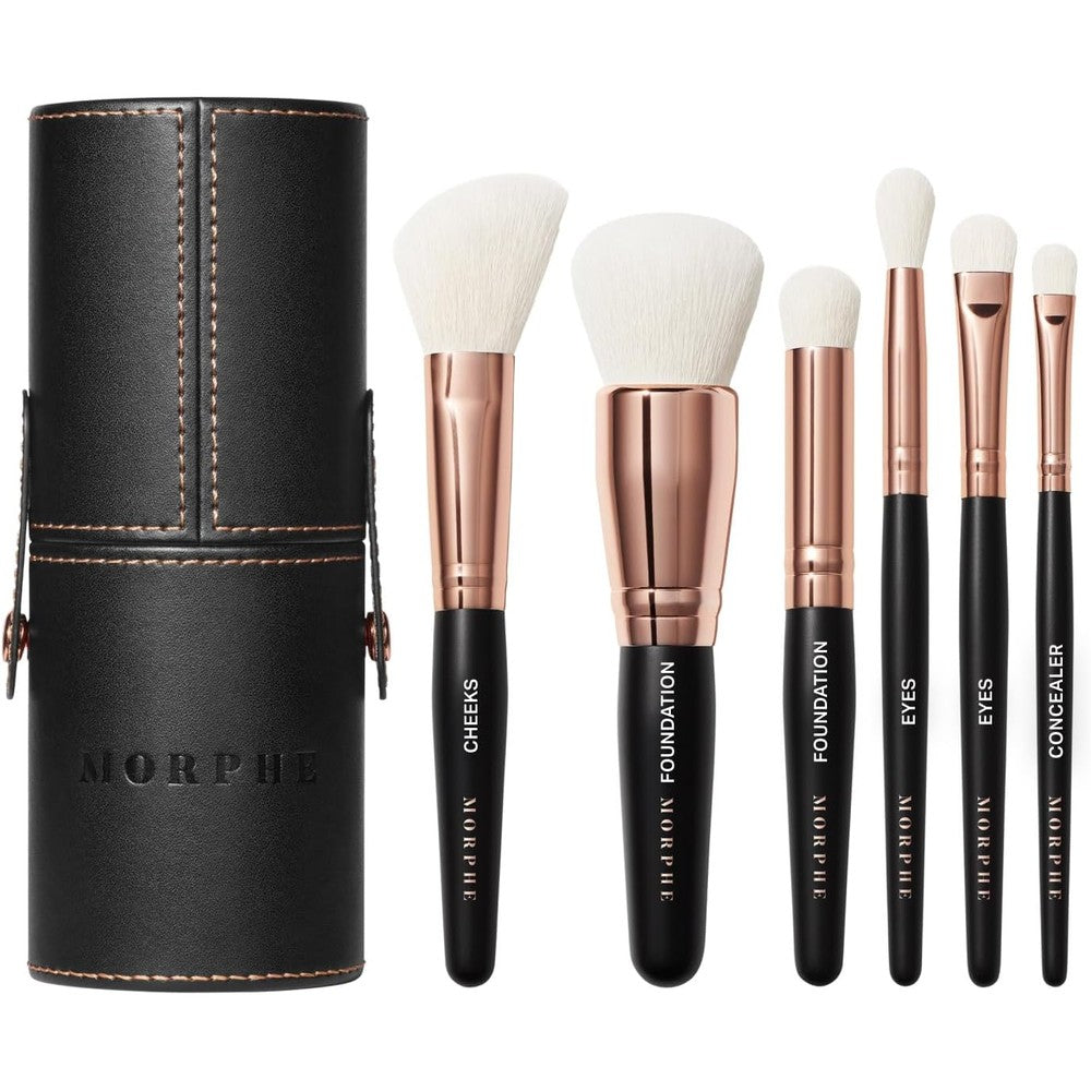 Morphe Rose Away Makeup Brushes front view showing six rose gold travel tools outside their black case.