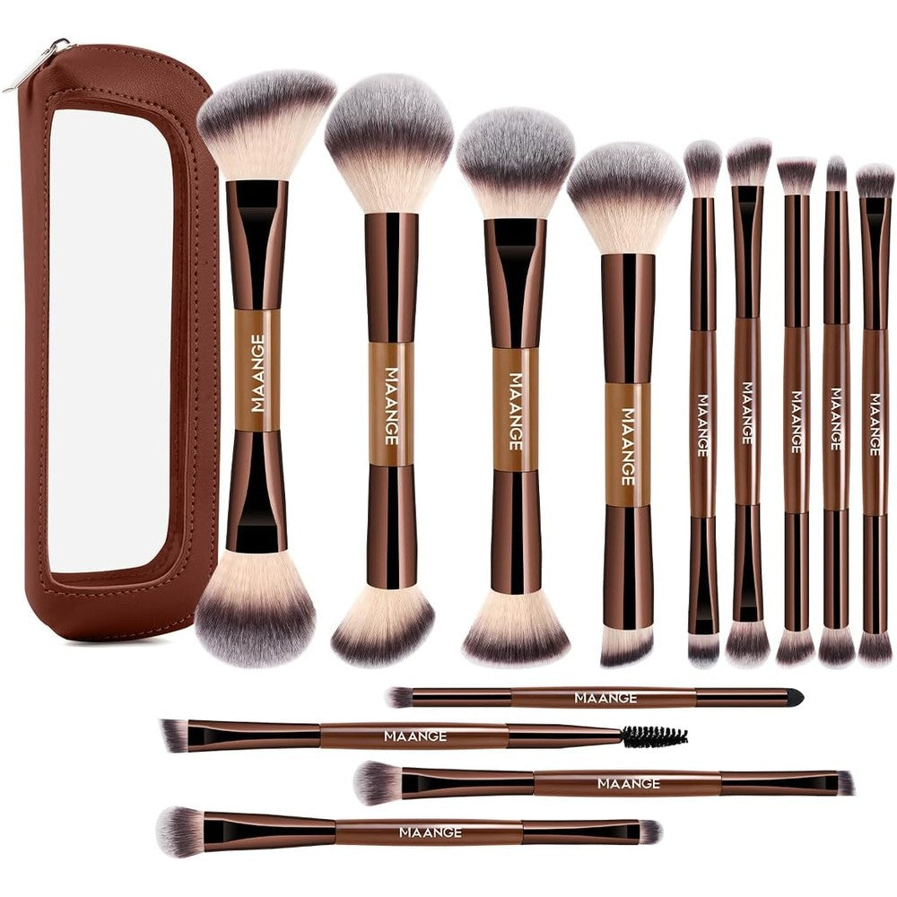 MAANGE 13 piece double ended makeup brush set front view with coffee storage bag