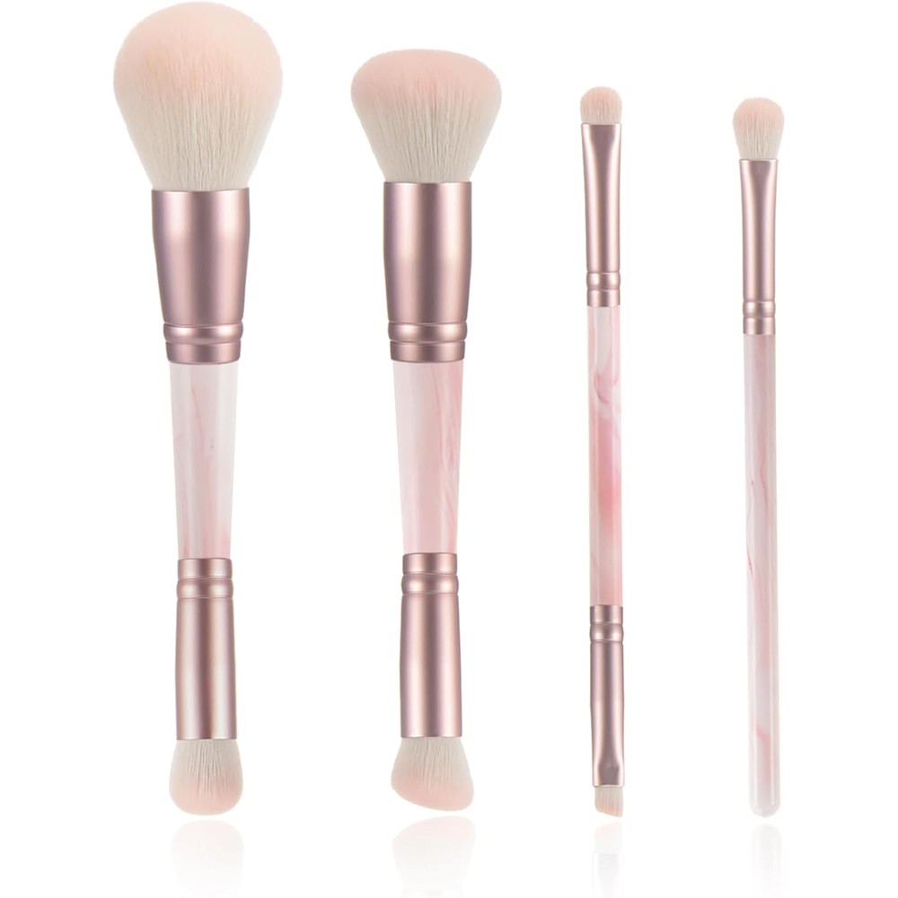 YJ-Anyue four piece pink dual ended makeup brushes set front view displaying seven unique brush heads