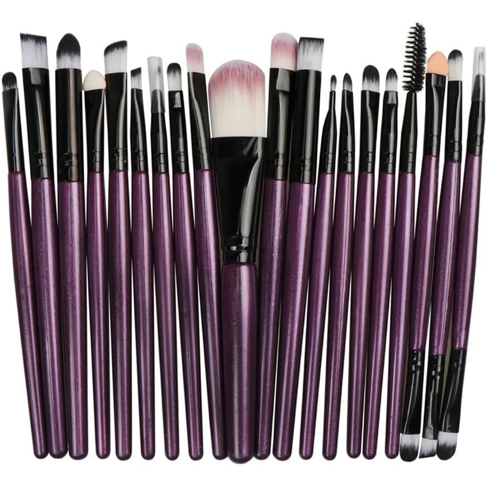 Dancecola professional makeup brush set front view featuring twenty purple cosmetic tools