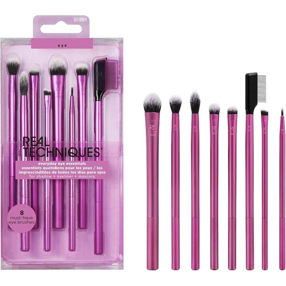 Real Techniques Everyday Eye Essentials Makeup Brush Set front view showing eight purple eye brushes.