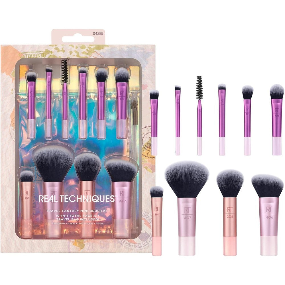 Real Techniques Travel Fantasy Mini Brush Set front view of purple mini makeup brushes arranged next to the included travel bag