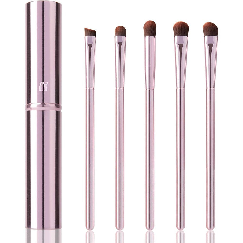 YUE SHEN NAN 5 Pieces Premium Portable Eye Makeup Brush Set front view showing five pink brushes arranged neatly
