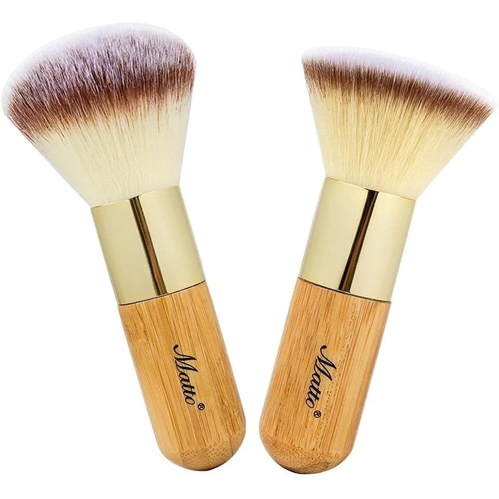 Matto Bamboo Makeup Brush Set front view of flat kabuki and round powder brushes