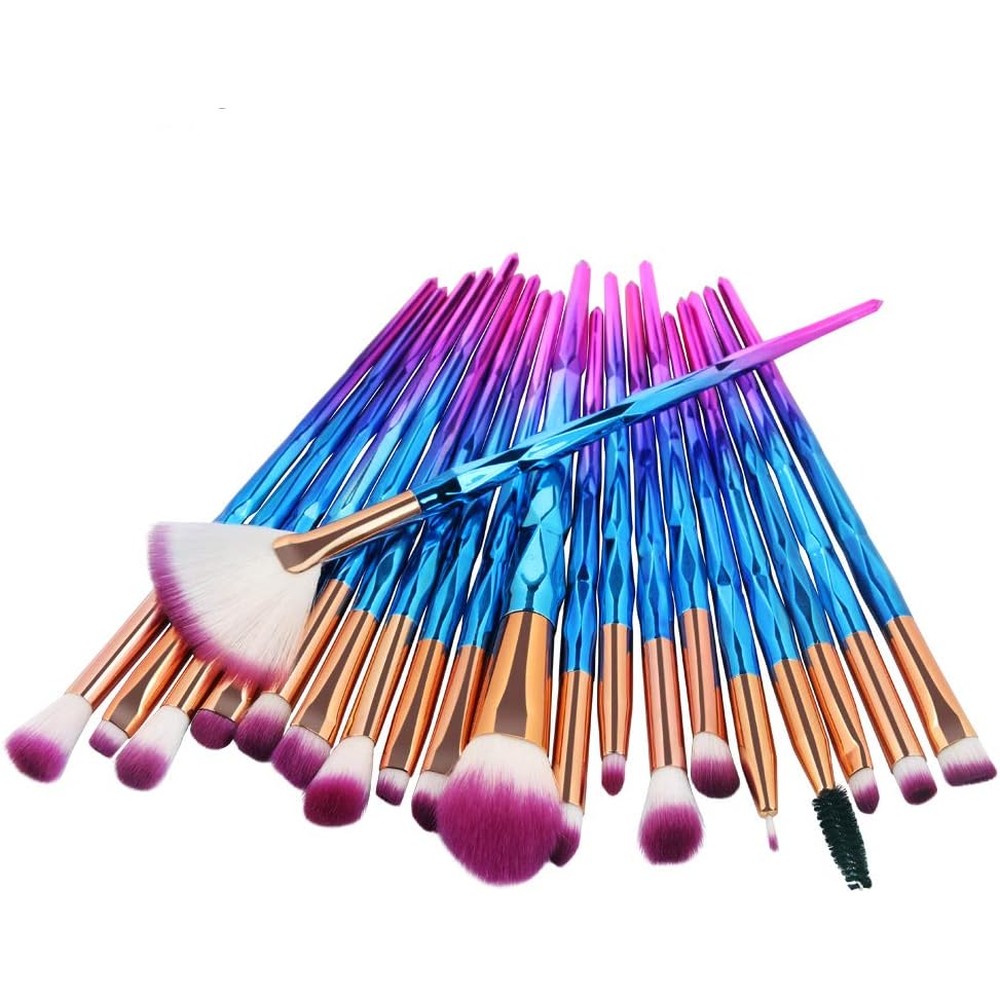 Kolight cosmetic makeup brush set front view showing twenty purple geometric diamond handle beauty tools.