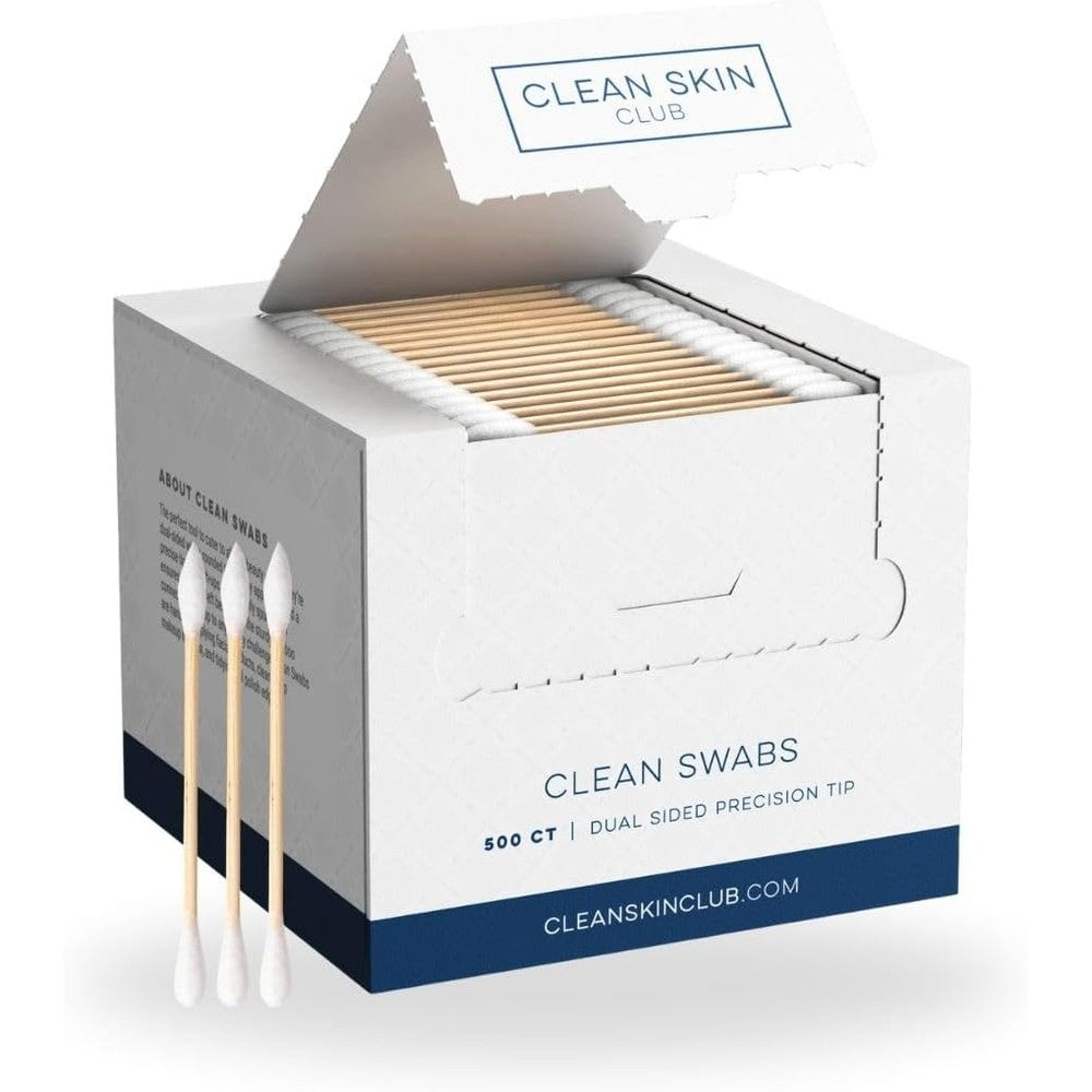 Clean Skin Club Clean Swabs 500 pack box with pointed and rounded tips