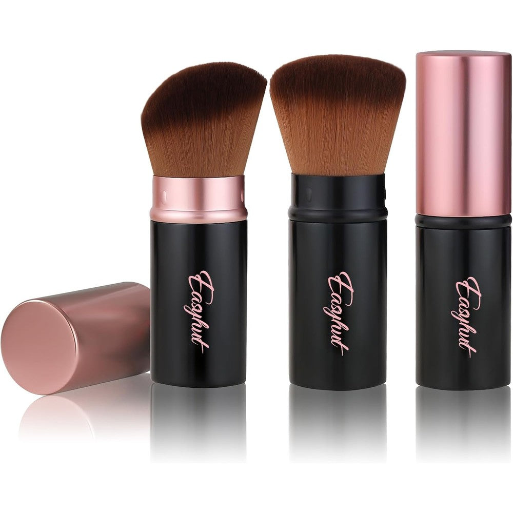 Easyhut Retractable Kabuki Makeup Brushes front view showing the rose gold cap and black handle.