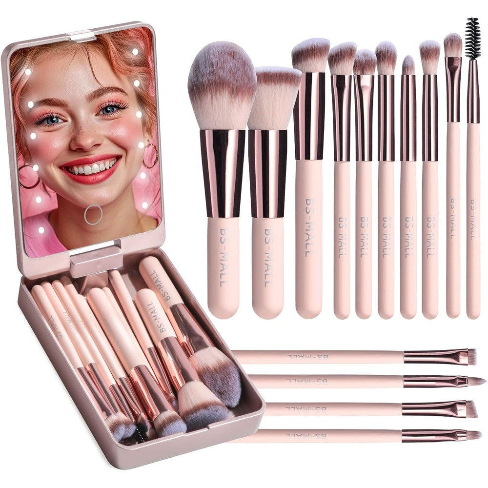 BS-MALL 14-piece travel makeup brush set pink front view showing case and brushes