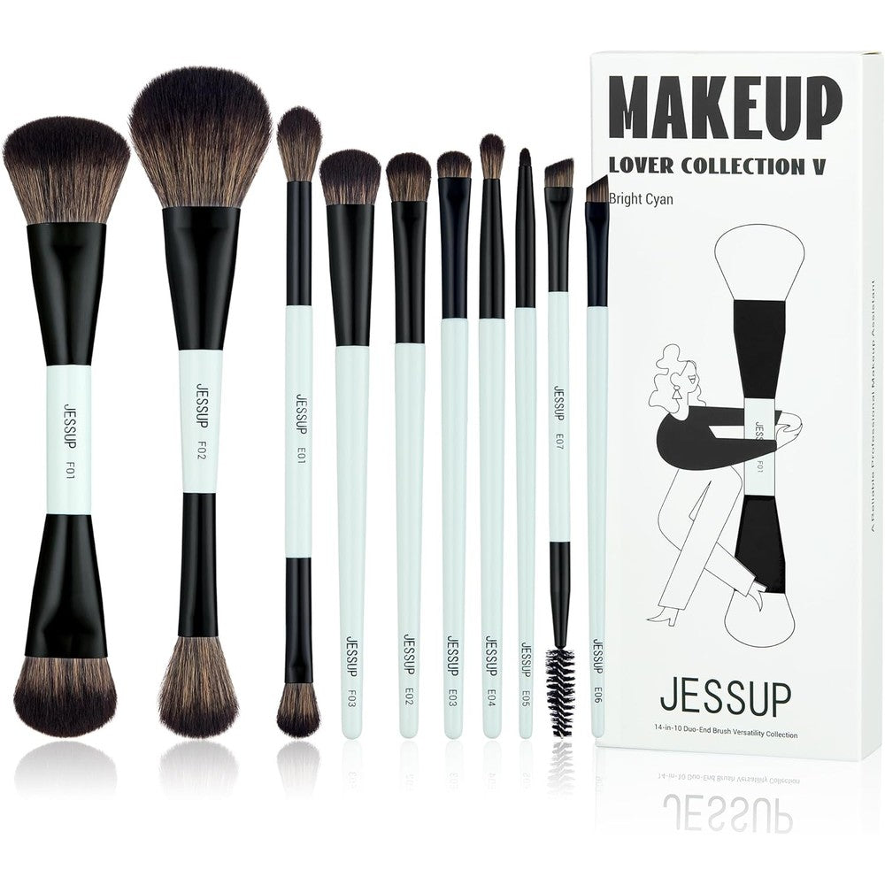 Jessup 14-in-10 Duo-End Makeup Brush Set front view showing ten bright cyan double-sided cosmetic tools