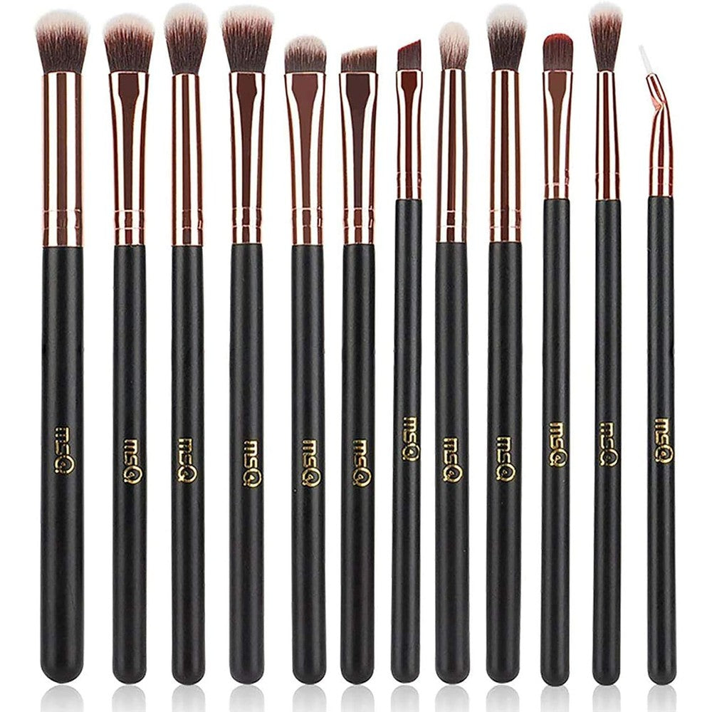 MSQ eye makeup brushes twelve piece rose gold set front view displaying all eyeshadow and blending brushes