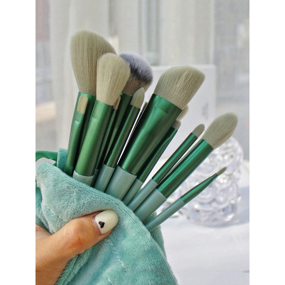 Glun 13 piece professional makeup brush set front view with metallic green velvet travel bag