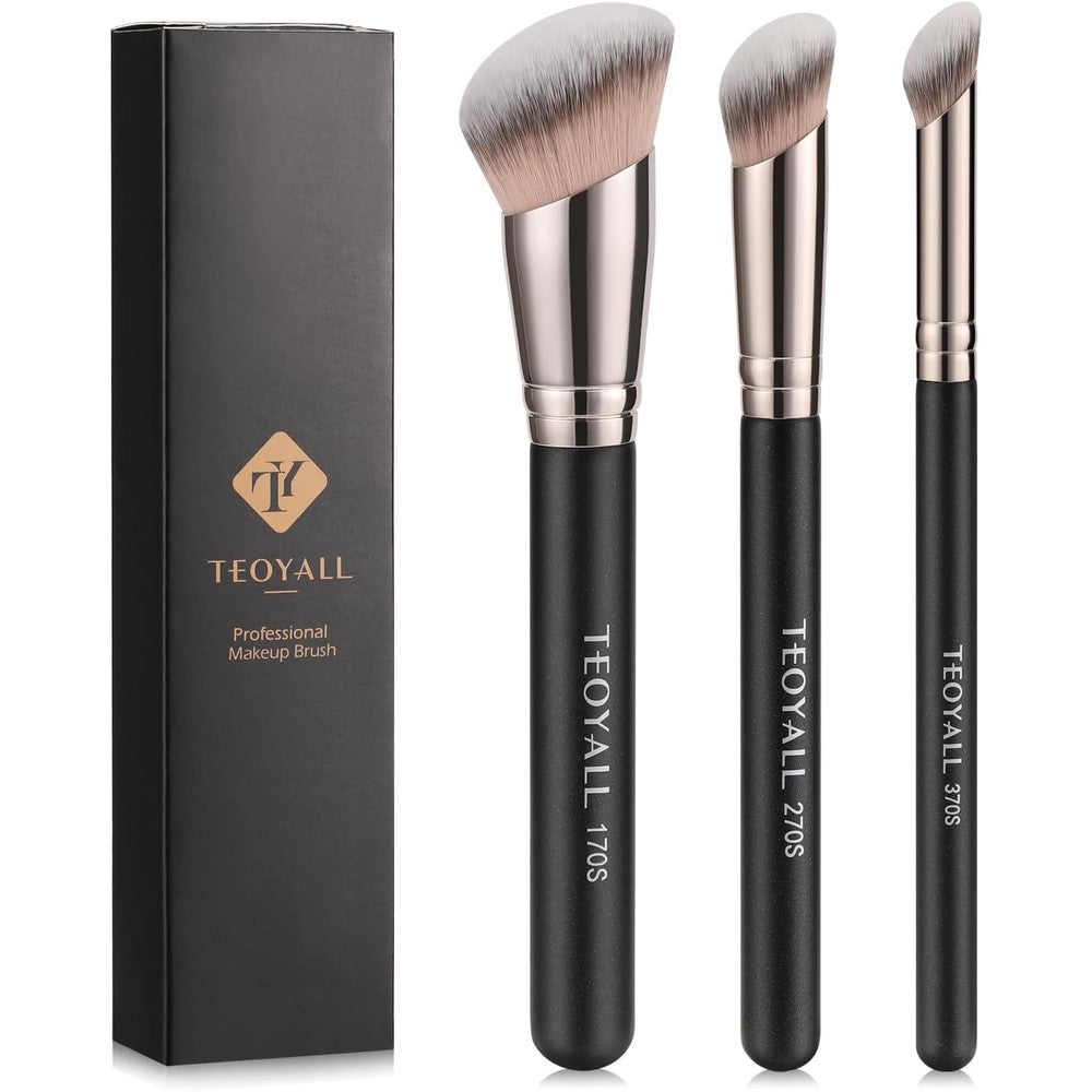 TEOYALL foundation contour conceal brush set front view showing three angled face makeup brushes.