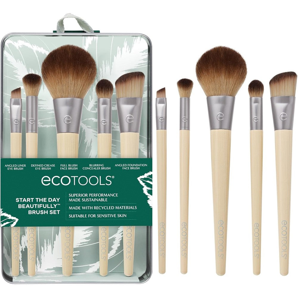 EcoTools Start The Day Beautifully Makeup Brush Set front view showing five vegan cosmetic brushes in an eco-friendly storage tray.