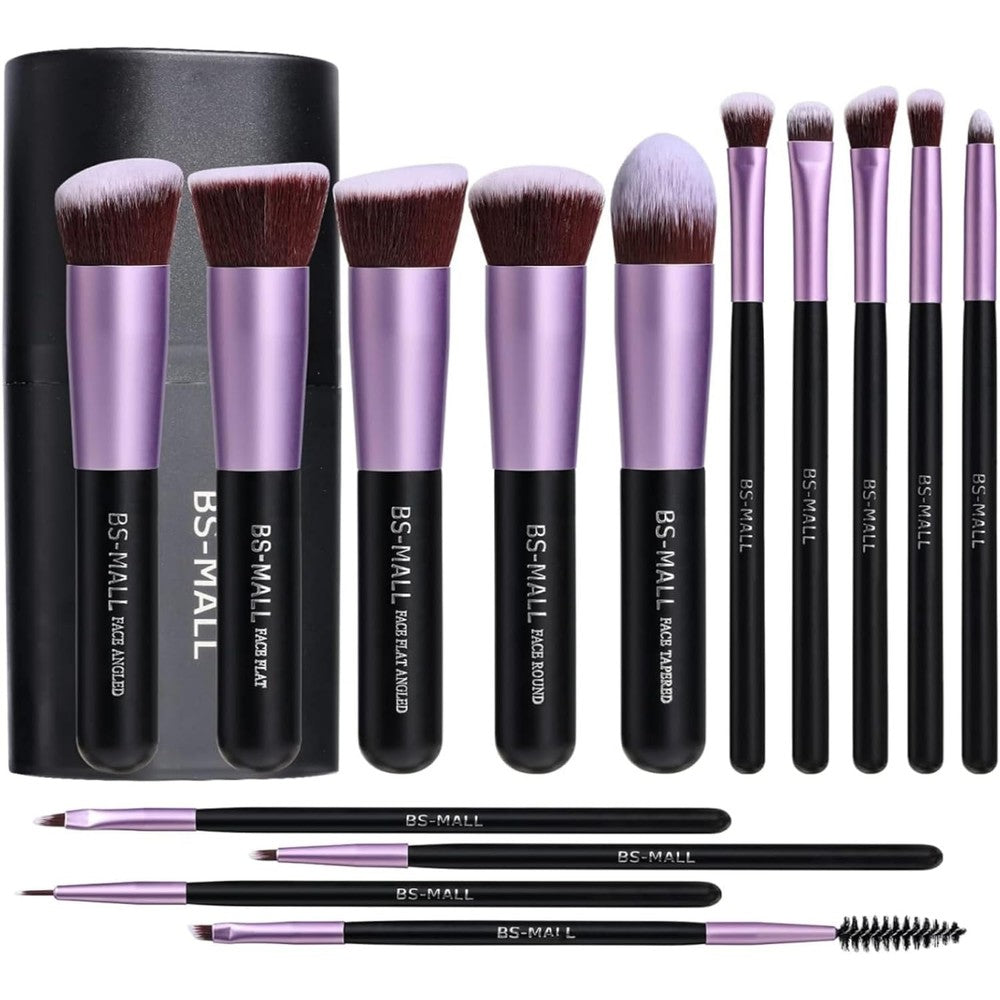BS-MALL Makeup Brushes Premium Synthetic Fourteen Piece Brush Set front view showing black and purple handles