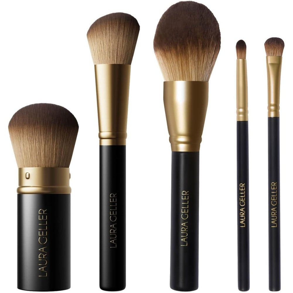Laura Geller New York Cosmetic Professional Full Face Makeup Brush Set front view showcasing five black synthetic tools.