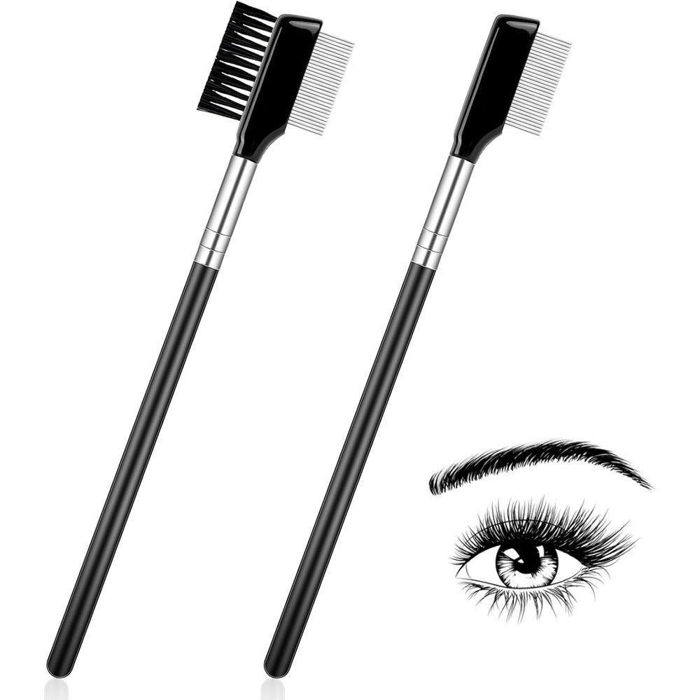 Styquenzer metal eyelash combs and eyebrow brush set front view showing dual ends