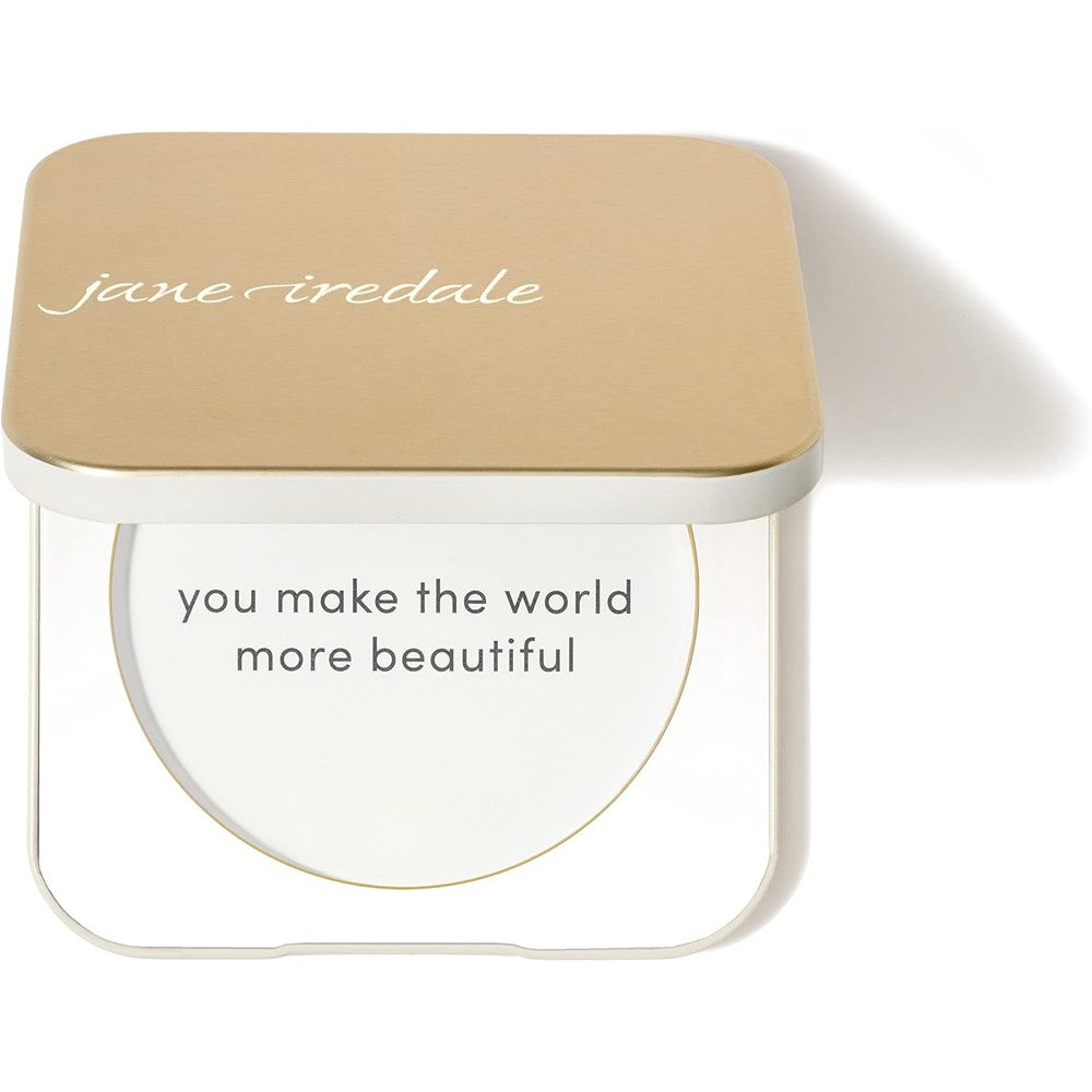 Jane Iredale Gold Refillable Compact front view showing the elegant gold aluminum casing with brand engraving.