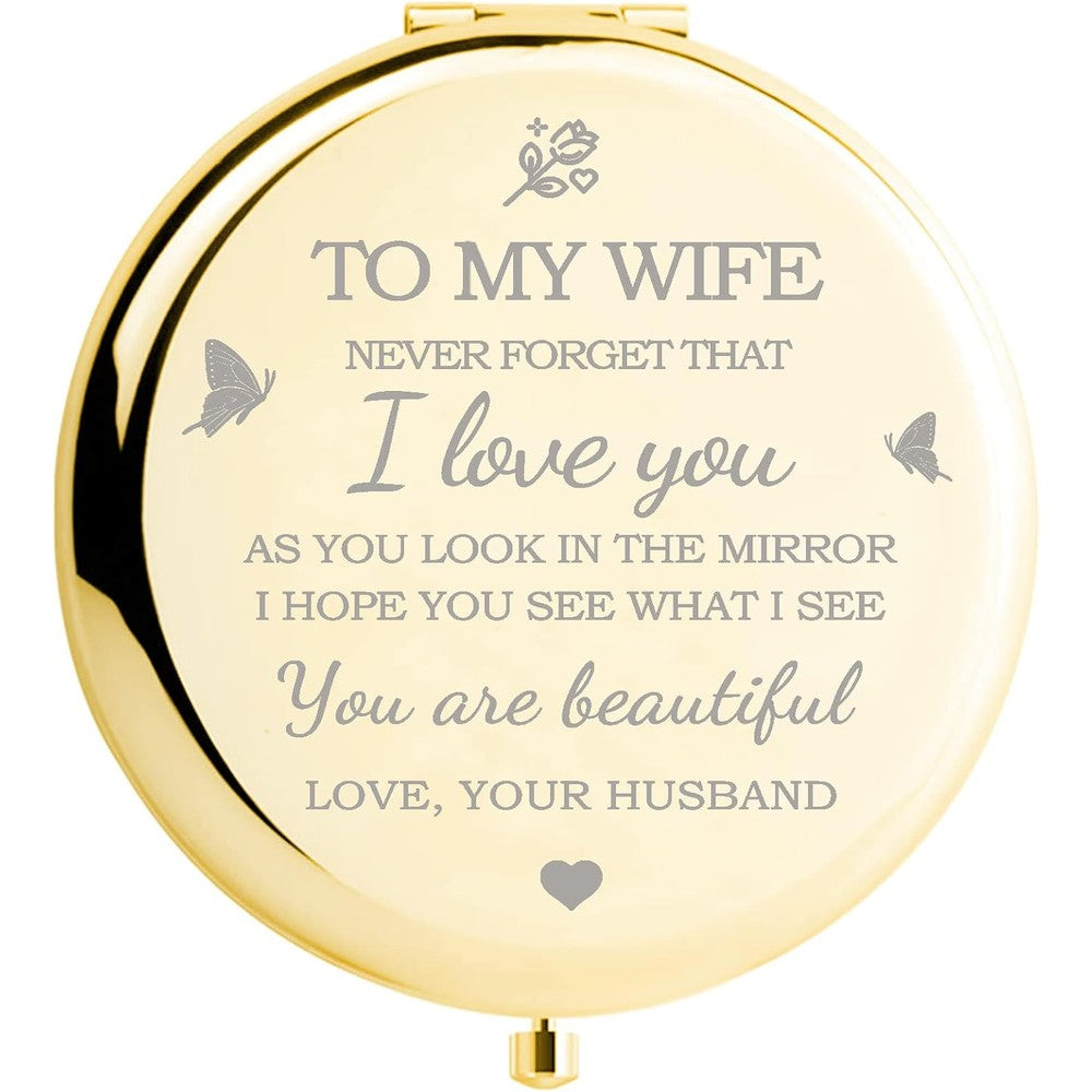 Yountown gold compact mirror front view showing laser engraved romantic quote for wife.