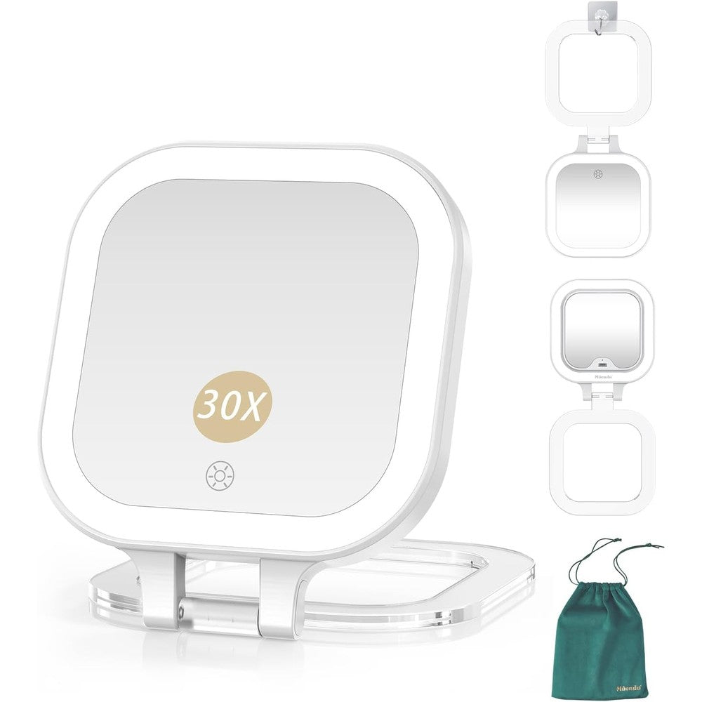 Mocado compact travel makeup mirror white front view displaying illuminated LED ring light