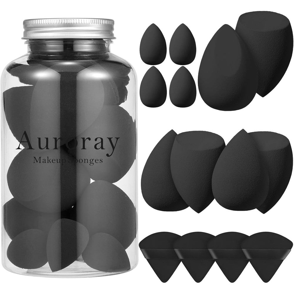 Auroray fourteen piece makeup sponge set in black showing various blender shapes and powder puffs inside a clear storage jar