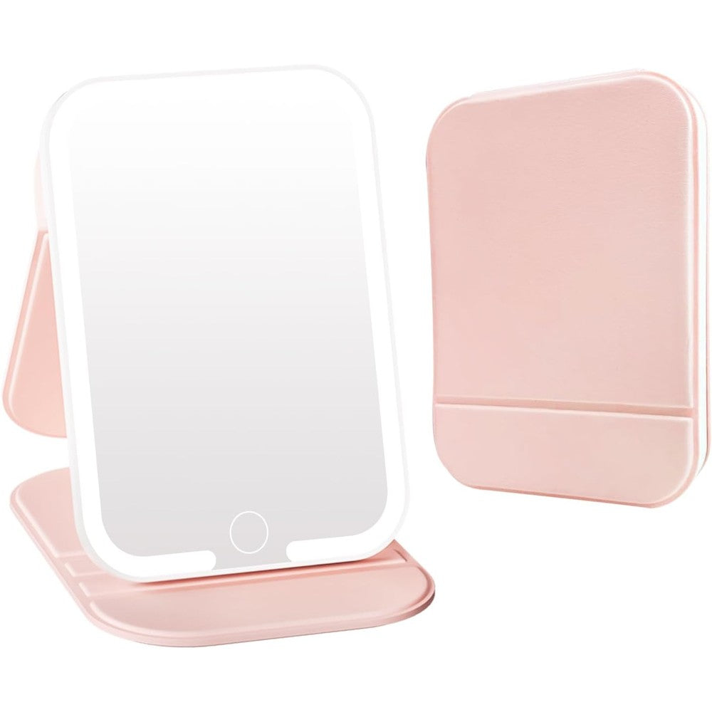 ZHUOTHAN rechargeable travel makeup mirror front view showing illuminated pink frame with LED lights.