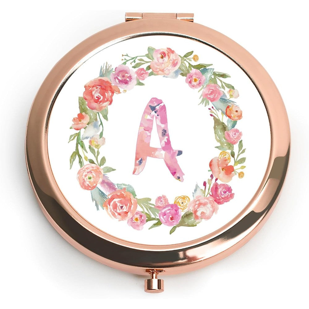 GlitterMemory personalized floral compact mirror front view showing rose gold monogram letter