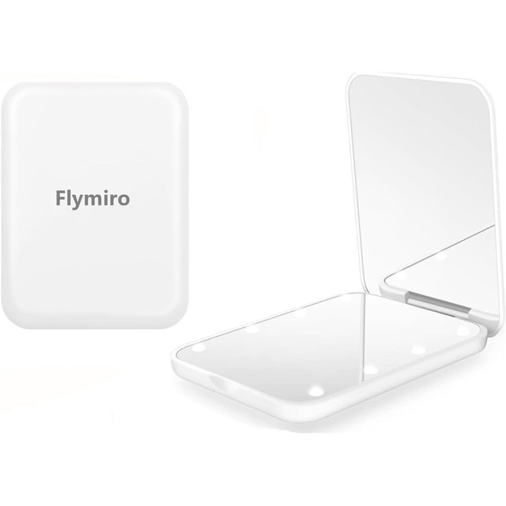 Flymiro compact mirror open flat showing one times and three times magnification sides with LED lights