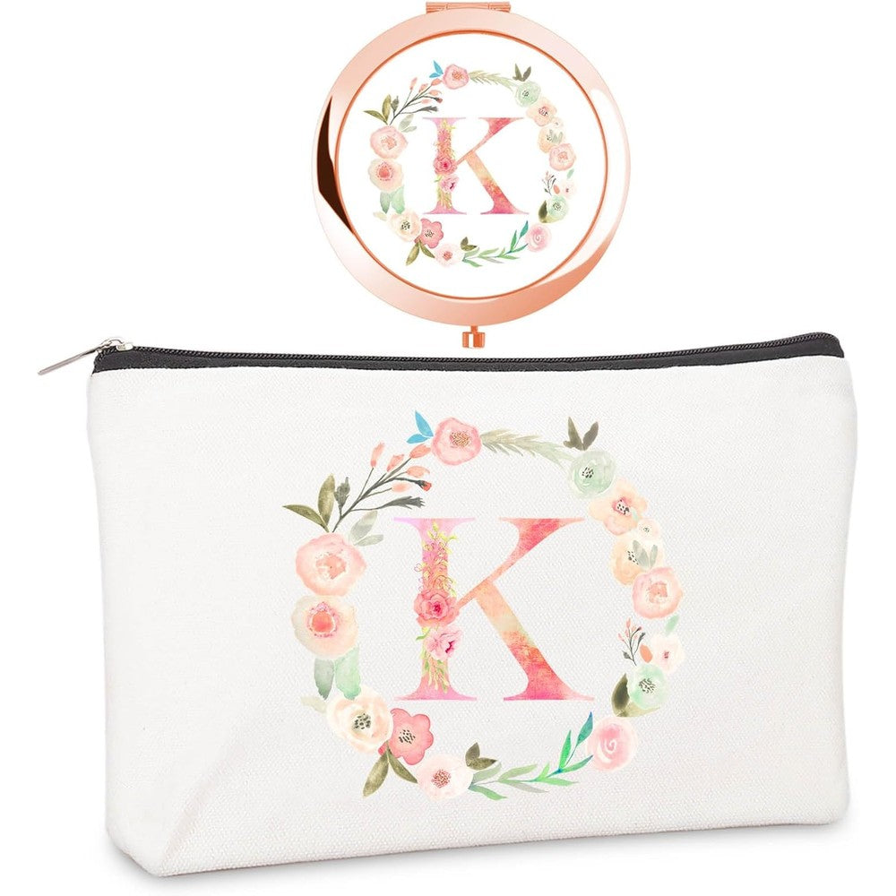 BoutikPro personalized initial compact mirror and makeup bag set front view showing floral monogram design