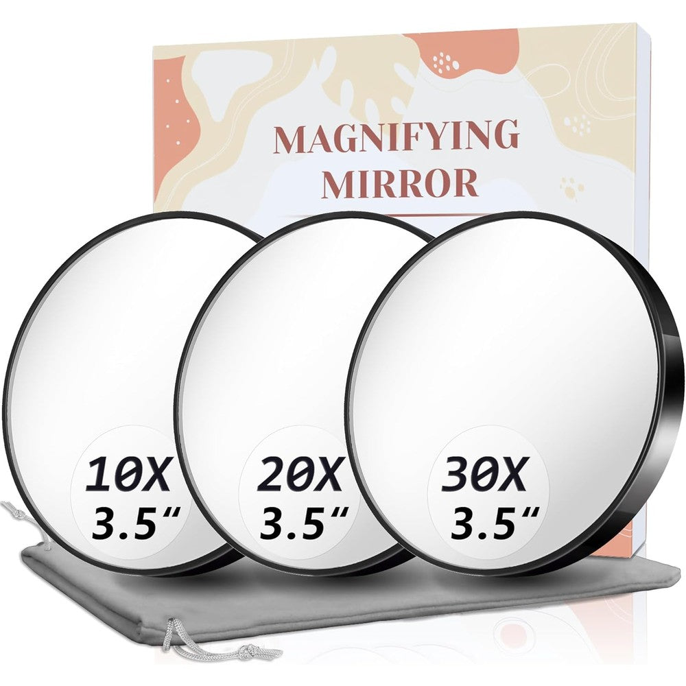 FAHZON magnifying mirror set front view showcasing three black portable compact mirrors on a clean countertop.